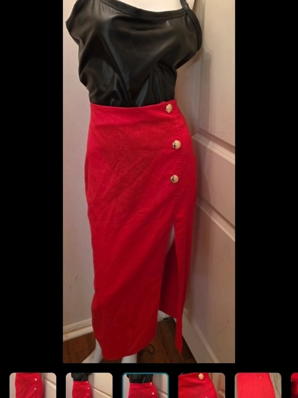 Sleek Red Midi Skirt with Side Slit and Button Detail
